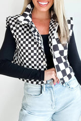 Brown Checkered Stand Collar Cropped Puffer Vest