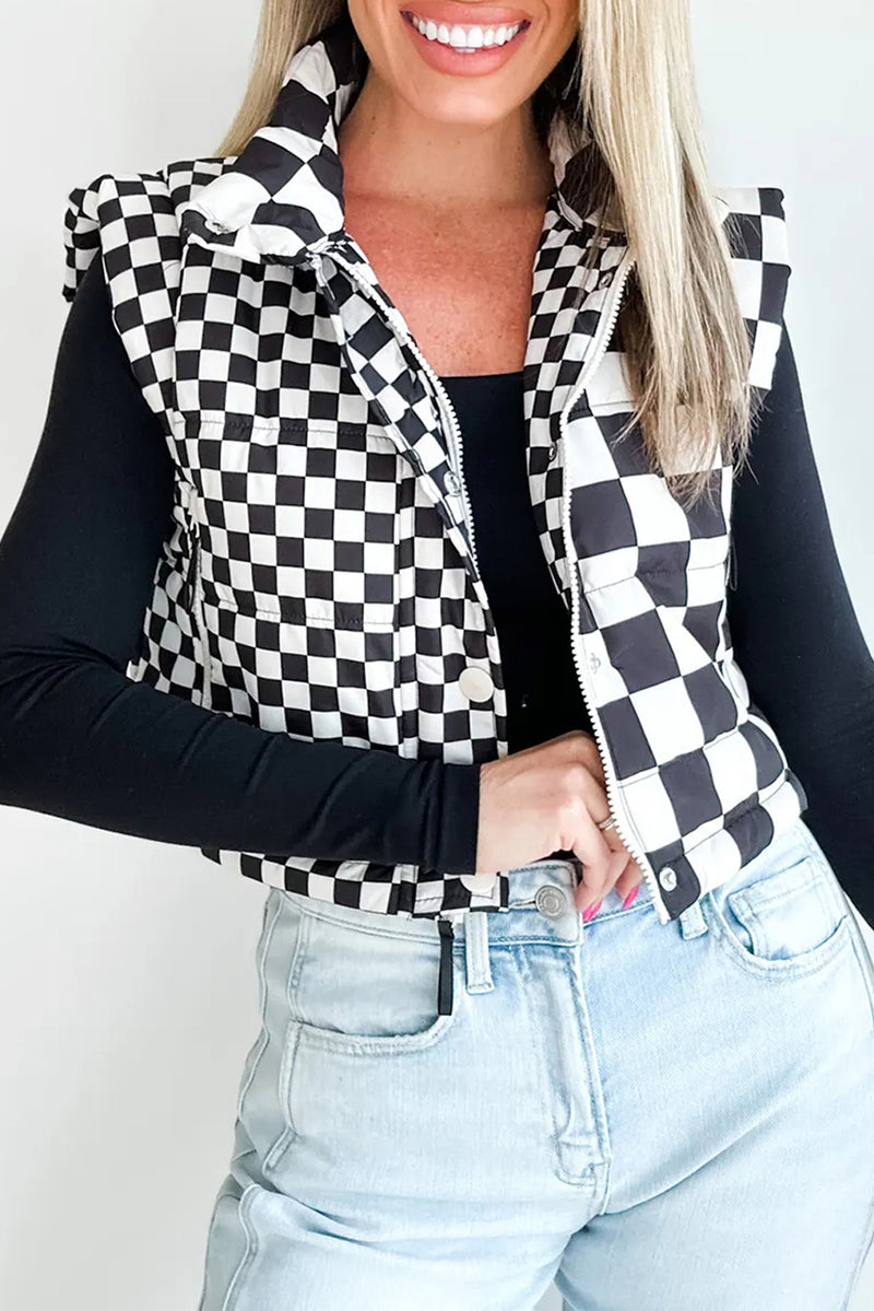 Brown Checkered Stand Collar Cropped Puffer Vest