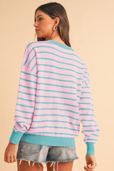 Brown Stripe Round Neck Drop Shoulder Loose Sweater