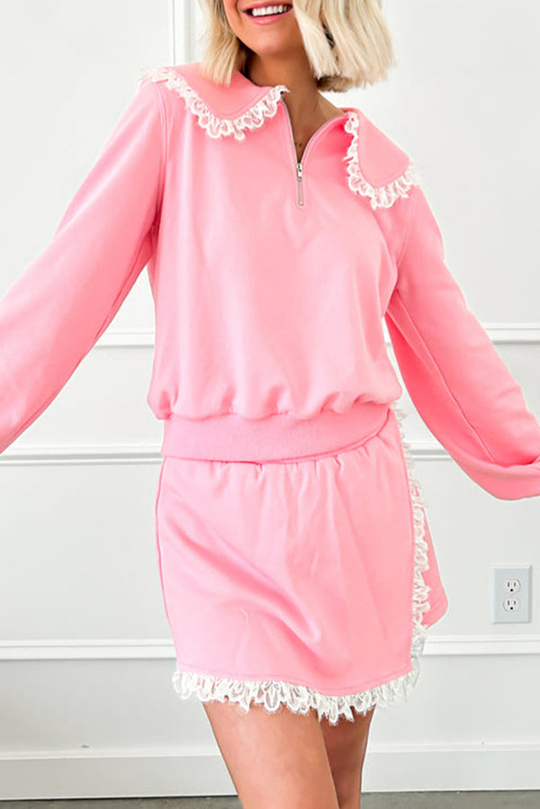 Pink Peter Pan Collar Pullover Lace Embellished Mini Skirt Set