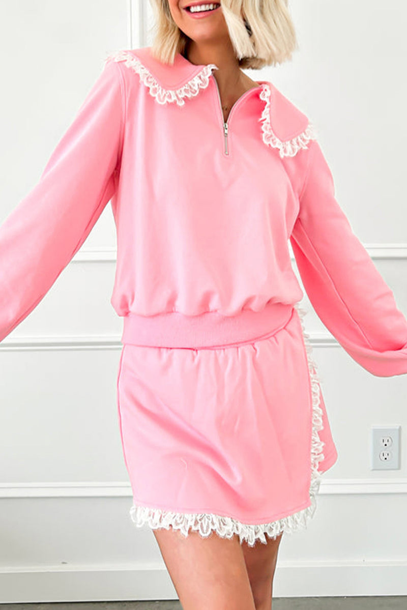 Pink Peter Pan Collar Pullover Lace Embellished Mini Skirt Set