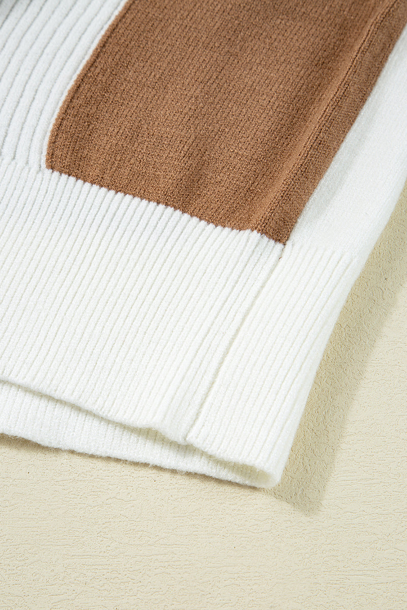 Khaki Checkered Pattern Button V Neck Ribbed Knit Cardigan