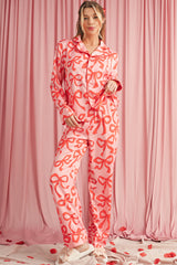 Pink Allover Bow Print Button Up and Loose Pants Pajama Set