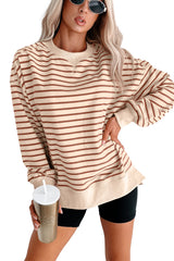 Khaki Stripe Ribbed Band Seam Detail Baggy Sweatshirt