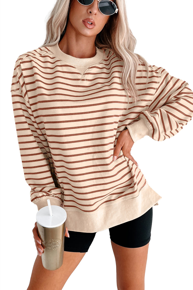 Khaki Stripe Ribbed Band Seam Detail Baggy Sweatshirt