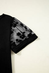 Black Plus Size Floral Mesh Patchwork Loose V Neck T Shirt