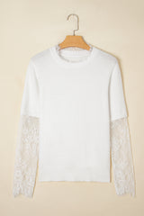 Beige Lace Sleeve Patchwork Faux Two-piece Fuzzy Sweater