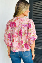 Pink Floral Print Tie Neck Puffy Half Sleeve Blouse