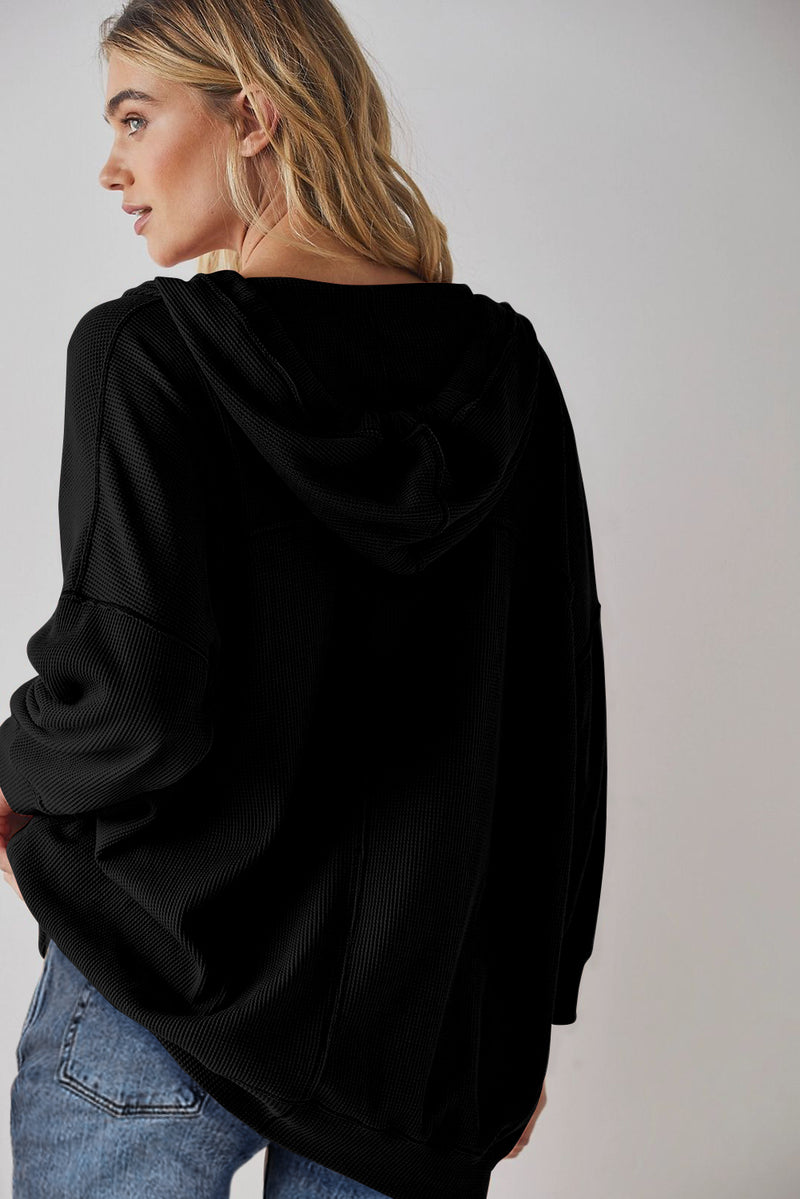 White Oversize Waffle Drop Shoulder Exposed Seam V Neck Hoodie