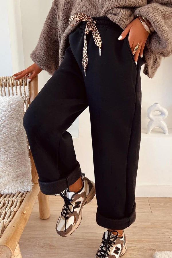 Black Leopard Drawstring Winter Fleece Pants