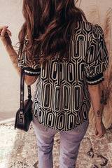 Black Geometric Print Contrast Scallop Color Block Patchwork Short Sleeve Blouse