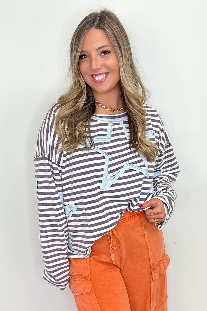 Gray Striped Star Patch Drop Shoulder Long Sleeve Top