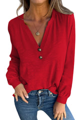 Mist Green Casual Button V Neck Long Sleeve T-Shirt