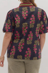 Black Plus Size Floral Print Ricrac Striped Trim Short Sleeve Cotton Blouse