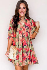 Green Floral Print Frilled V Neck Half Sleeve Mini Dress