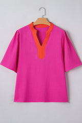 Rose Red Contrast V Neck Colorblock Wide Short Sleeve Top