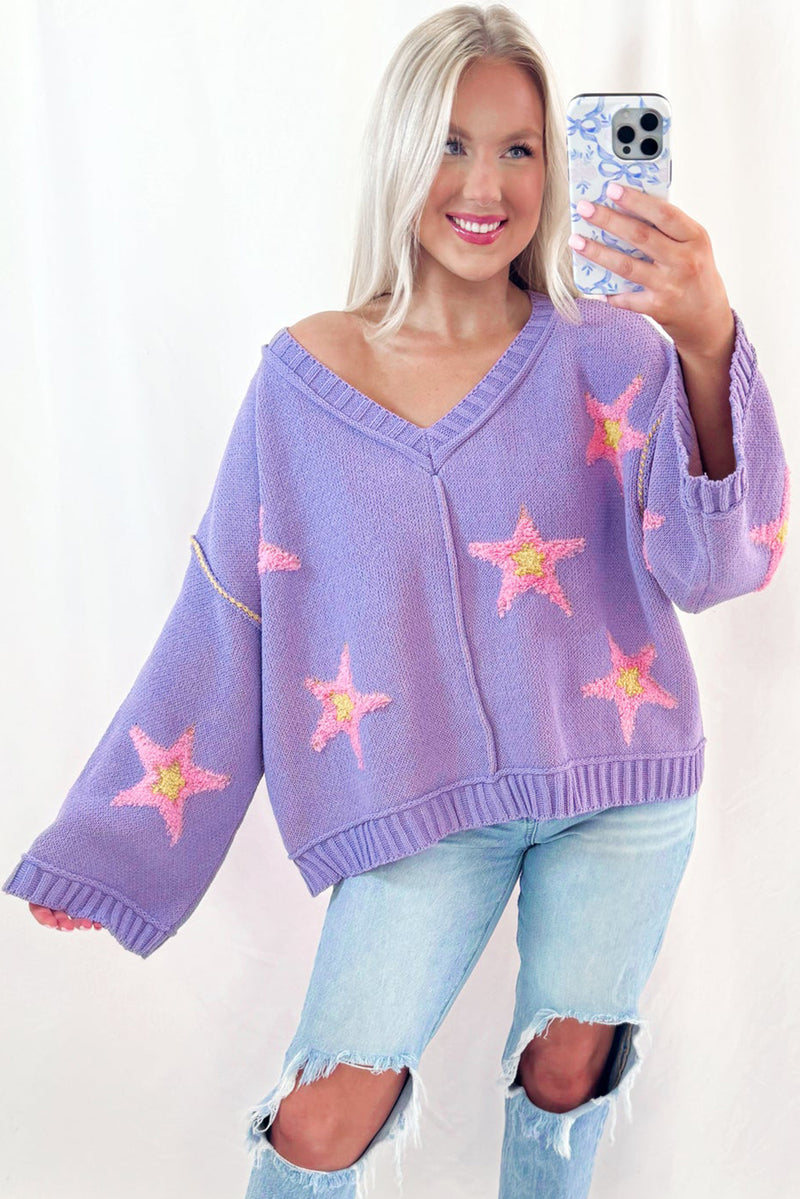Lavendula Brushed Star Graphic V Neck Drop Shoulder Oversize Sweater