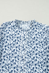 Khaki Printed Floral Print Lace Detail Puff Sleeve Fall Shirt