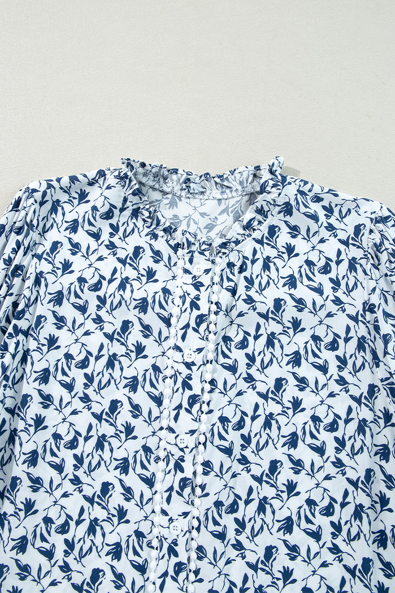 Khaki Printed Floral Print Lace Detail Puff Sleeve Fall Shirt