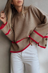 Simply Taupe Ribbed Knit Contrasted Stripe Detail Button Side Loose Sweater