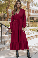 Chestnut Solid Long Sleeve Button V Neck Tiered Maxi Dress