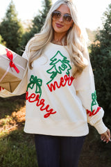 Beige Corded Christmas Pattern Oversize Sweatshirt