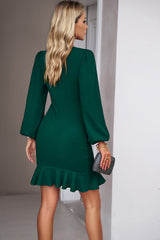 Black Solid Color Puff Sleeve Ruffle Mini Dress
