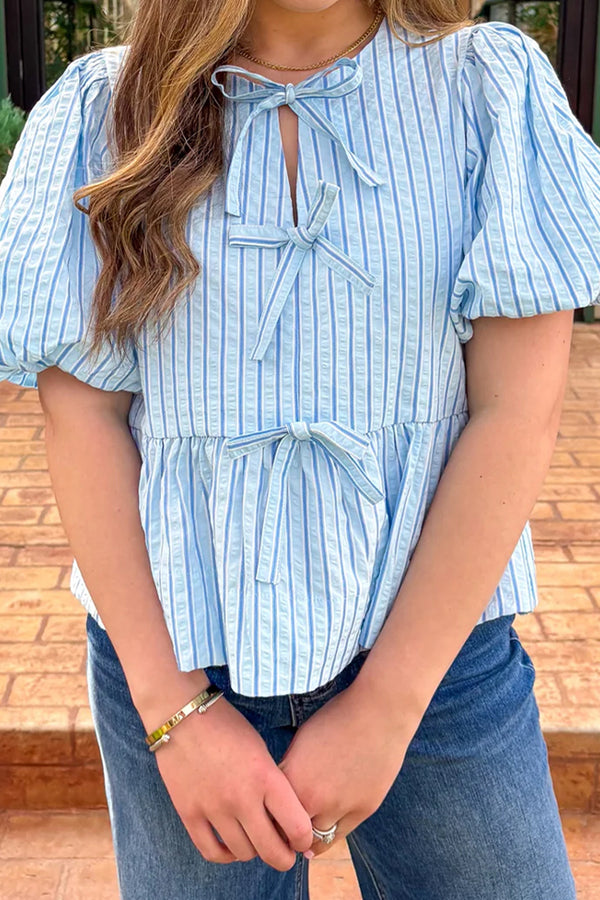Sky Blue Stripe Bow Knot Textured Short Puff Sleeve Babydoll Blouse