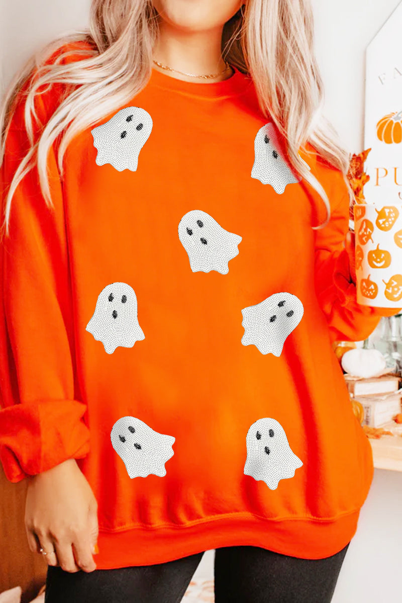 Black Sequin Halloween Ghost Patched Drop Shoulder Sweatshirt
