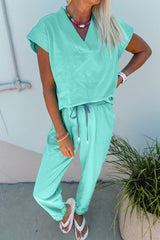 Mint Green Solid Color V Neck Tee Drawstring Pant Set