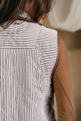 Brown Stripe Plus Size Quilted Contrast Trim Wavy Hem Snap Button Vest