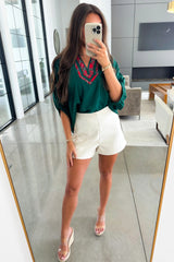 Evergreen Contrast Plaid Patchwork V Neck Half Sleeve Blouse