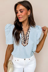 Sky Blue Stripe Ricrac Trim Short Puff Sleeve Leopard Patchwork Collar V Neck Blouse