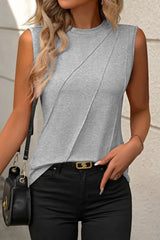 White Solid Color Crew Neck Pleated Tank Top