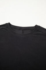 Black Solid Color Bow Textured Patchwork Long Sleeve Tee
