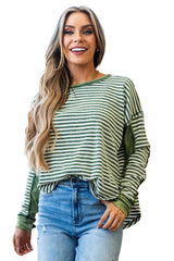 Green Striped Patchwork Knit Drop Shoulder Top