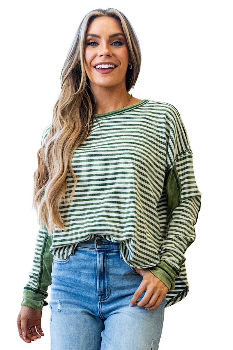 Green Striped Patchwork Knit Drop Shoulder Top