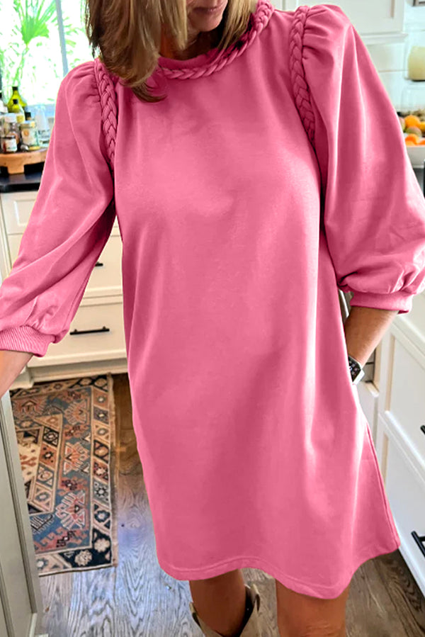 Sachet Pink Twist Braided Embellished Puff Sleeve Dress