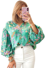 Green Floral Lantern Sleeve Button Front Shirt