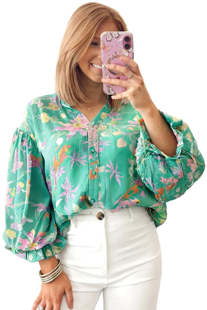 Green Floral Lantern Sleeve Button Front Shirt