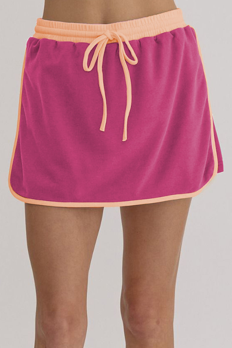 Rose Red Contrast Trim Loose Pullover and Lace-up Waist Skirt Set