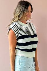 Black White Striped Sleeveless Knit Top