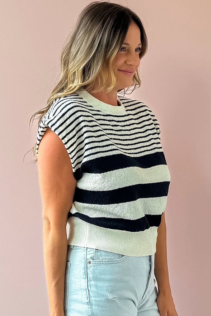 Black White Striped Sleeveless Knit Top