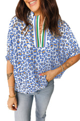 Sky Blue Leopard Color Block Contrast Striped V Neck Half Sleeve Loose Fit Blouse