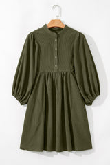 Light Blue Snap Button Empire Waist Lantern Sleeve Corduroy Dress