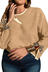Tan Plus Size Leopard Bow Decor Split Cuffs Loose Sweater