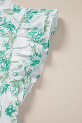 Green Floral Print Ruffle Sleeve Frill Shirt