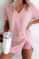 Mint Green Mineral Wash V Neck Tee Matching Skort Set