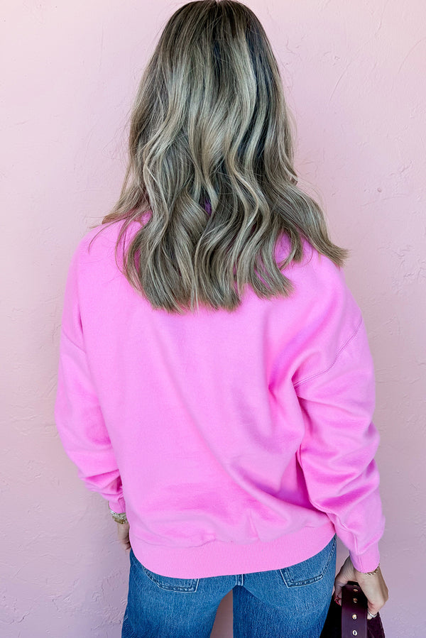 Bright Pink Half Button Collar Drop Shoulder Sweatshirt