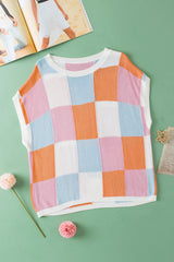 Fiery Red Checkered Color Block Cap Sleeve Knitted Top